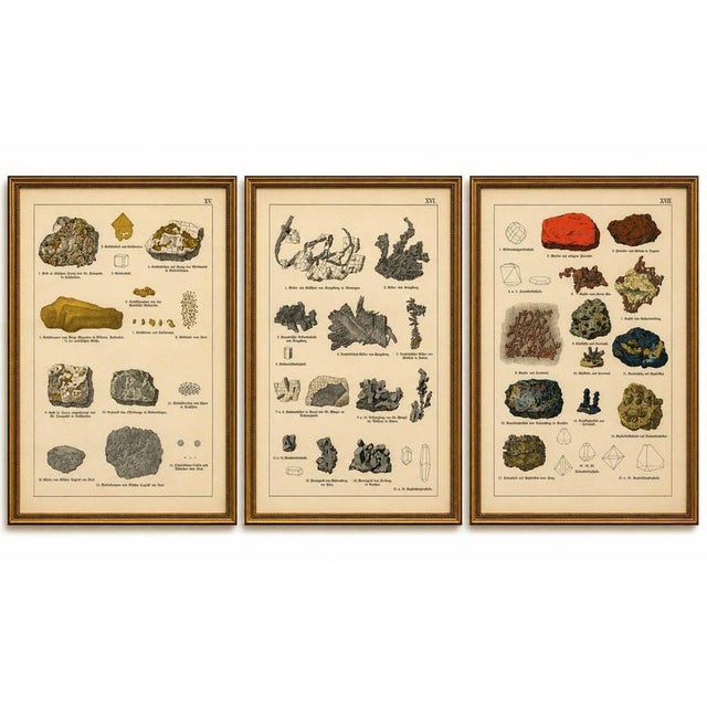 Set of three antique mineralogy chromolithographs, gold, silver & copper, 1888 description: a striking set of three...