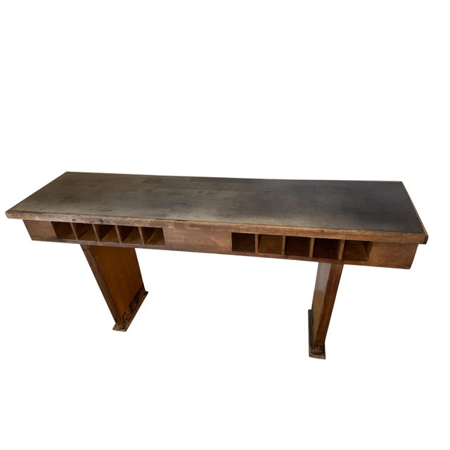 American Vintage Bank Writing Table With Pigeonhole Cubbies, 72″ Console For Sale - Image 3 of 4