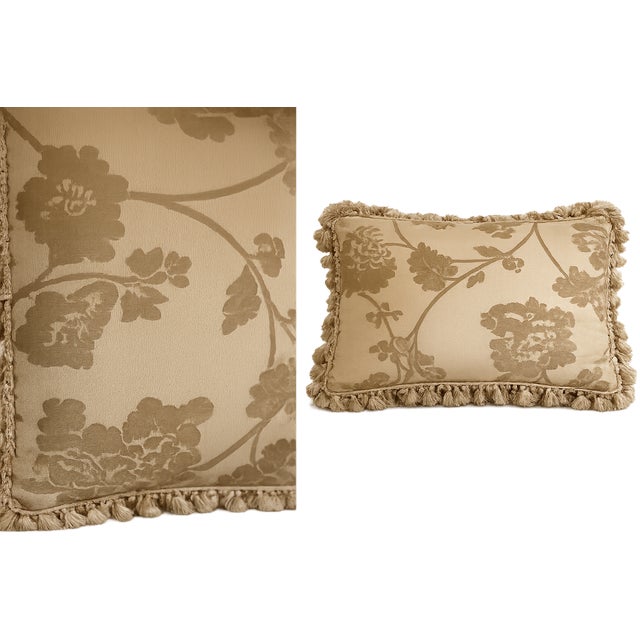 Custom decorative lumbar pillow crafted from authentic Scalamandre "Cinnabar" fabric in an elegant champagne and taupe...
