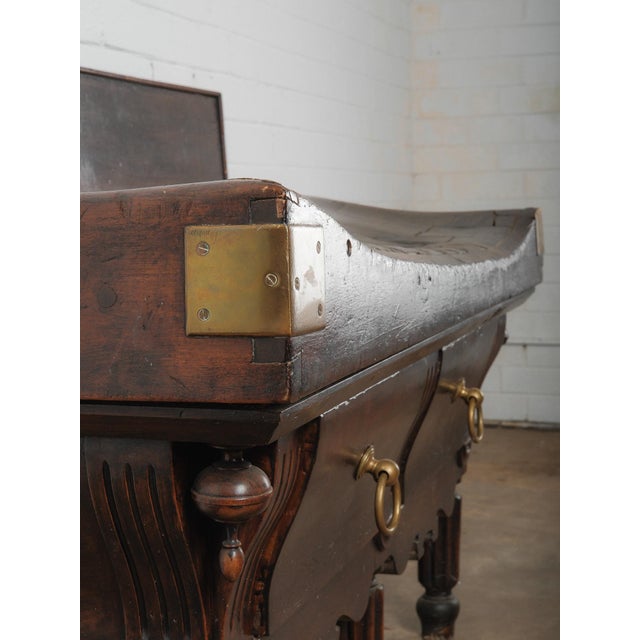 French 19th Century French Butcher’s Block Table With Backsplash Dark-Stained & Brass Mounts For Sale - Image 3 of 5