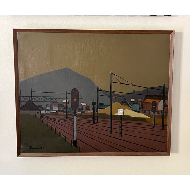 1964 Belgium French Vintage Mid Century Landscape Oil Painting Titled "La Ligne 130" (The Line 130) by Jean Maucourant For Sale - Image 10 of 10