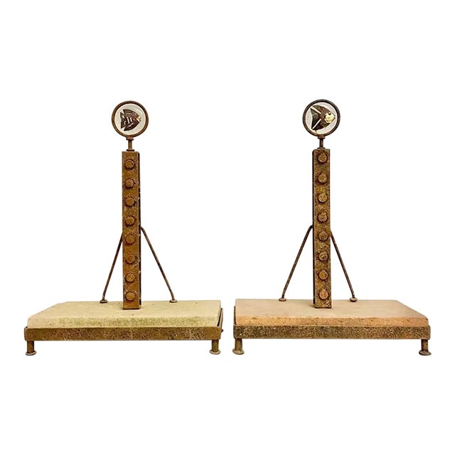 Sculptural Rustic Concrete + Steel Andirons, a Pair (Mexico) For Sale