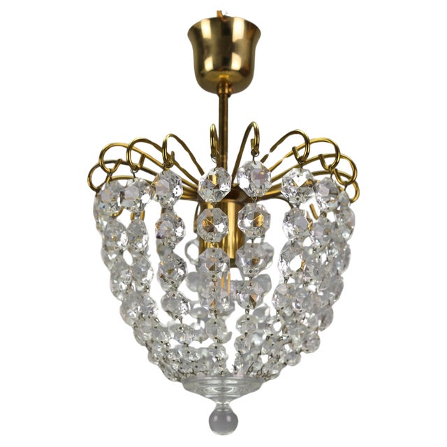 Hollywood Regency Crystal Glass and Brass Pendant Chandelier, Germany, 1970s For Sale