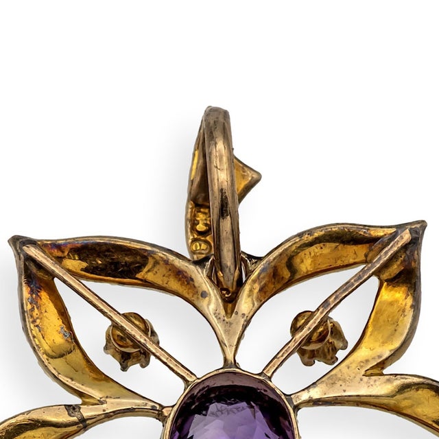 Antique 9k Art Nouveau Demantoid Garnet Amethyst Seed Pearl Pendant Ca. 1905 For Sale In New York - Image 6 of 7
