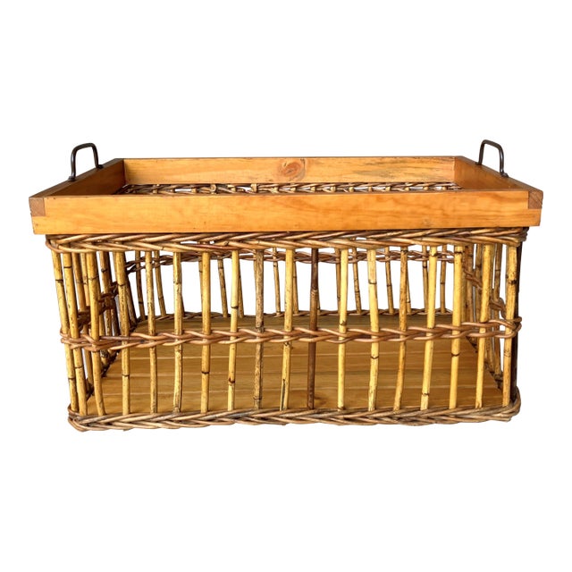 Circa 1980 Chic Jackfruit Wood & Rattan Catchall / Storage “Crate” Basket, Indonesia For Sale