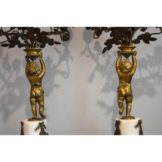 French 19Th Century Louis XVI Style Gilt and Bronze Mounted Cherub Candelabras on White Marble Stands For Sale - Image 12 of 17