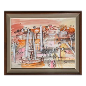 Luxor Obelisk and Fountain, Charles Cobelle Acrylic & Watercolor on Paper Painting