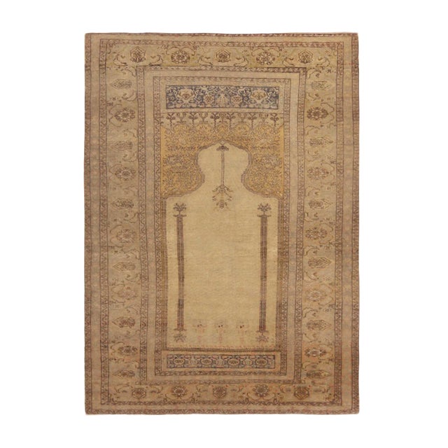 Antique Kayseri Traditional Tan Beige Wool Rug 4′2″ × 5′9″ For Sale
