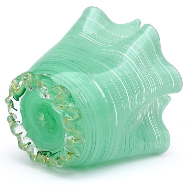 Glass Vintage Murano Jade Green Threads and Gold Flecks Italian Art Glass Decorative Fazzoletto Vase For Sale - Image 7 of 8