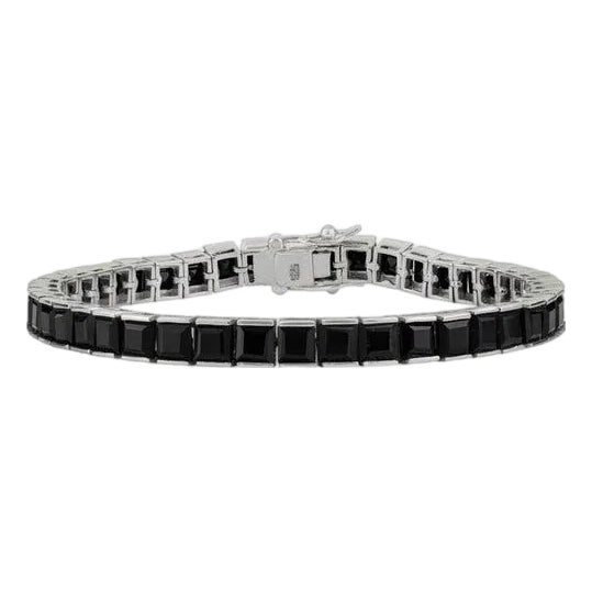 Square Cut Black Onyx 14.87 CTW Sterling Silver Tennis Bracelet 15.59g Gross Weight For Sale