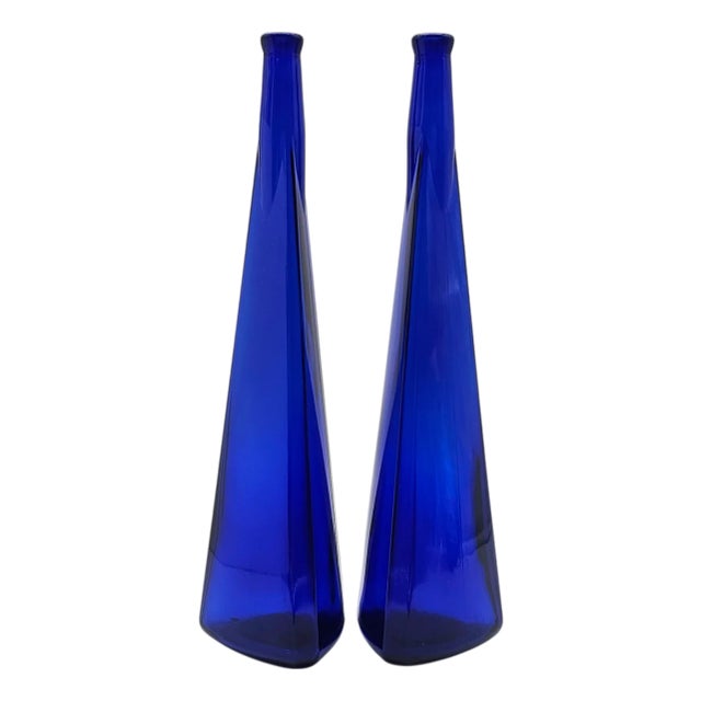 Pair of Tall Cobalt Blue Art Glass Bottles, Sculptural Cone Forms For Sale