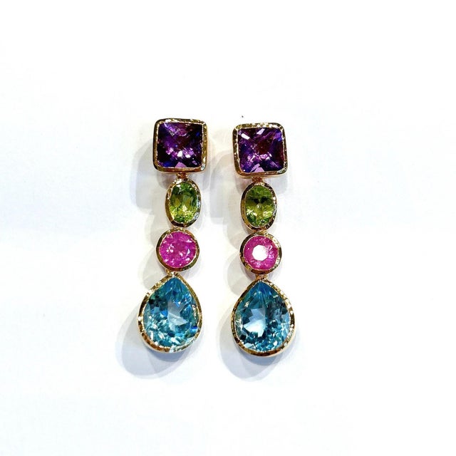 Bochic “Orient” Vintage Amethyst, Peridot, Ruby & Topaz Earrings Set 18K Gold For Sale - Image 9 of 11
