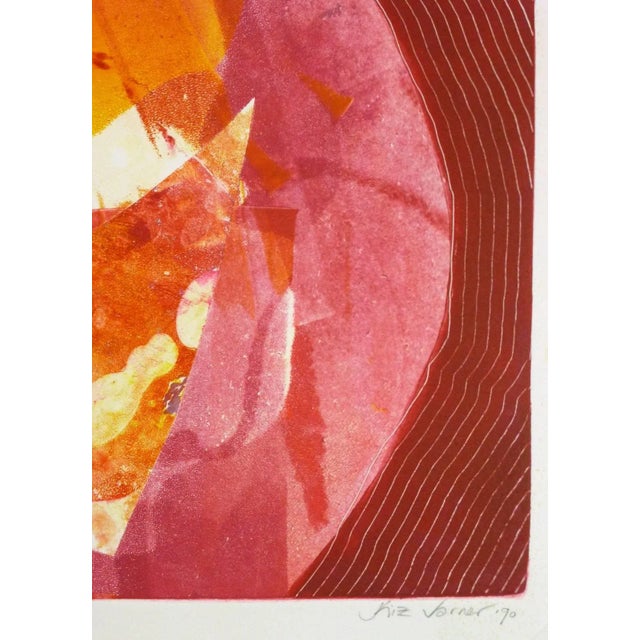 Bright monotype abstract in red and orange tones by American artist Kismine Varner, 1990. Signed lower right. Original...