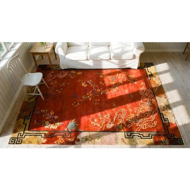 Great Orange Terra Cotta Color With Superb Florid Design Antique Chinese Art Deco Rug For Sale - Image 14 of 15