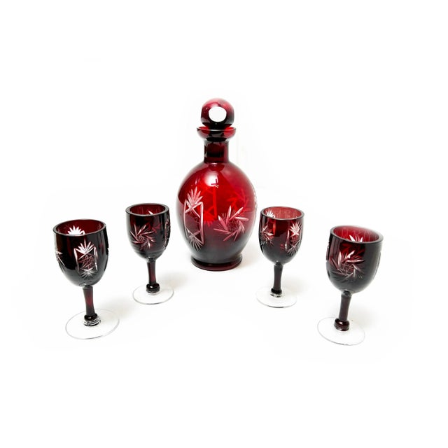 Mid-Century Bohemia Cut Crystal Ruby Red Etched Stemmed Cordial & Decanter Set - 5 Pieces For Sale - Image 4 of 4