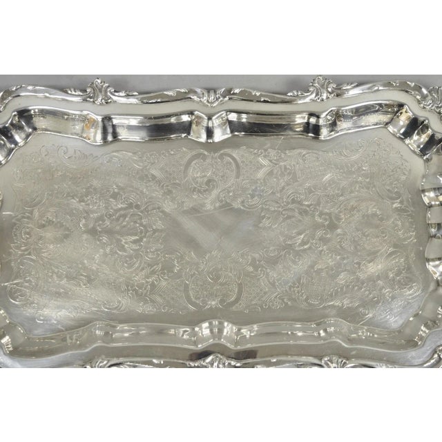 Vintage Victorian Silver Plated Narrow Footed Bar Serving Tray W Handles by Eton For Sale - Image 4 of 12