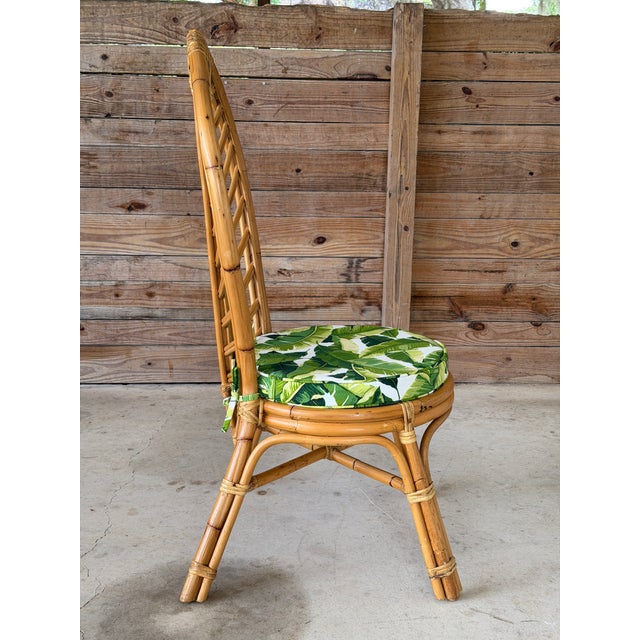 Vintage Coastal Boho Rattan Leaf Back Side Chair With Custom Tropical Cushion For Sale - Image 9 of 12