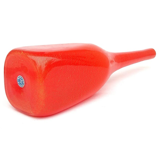 Glass Vintage Murano Fratelli Toso Red Orange Gold Flecks Italian Art Glass Squared Bottle Flower Vase For Sale - Image 7 of 9