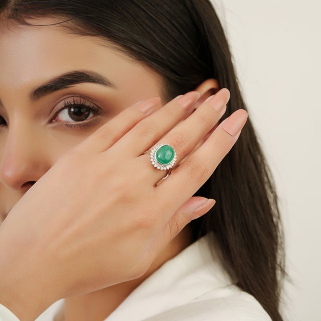 8.8 Carat Emerald & Diamond Halo Silver Engagement Ring, Size 6.5 For Sale - Image 6 of 10