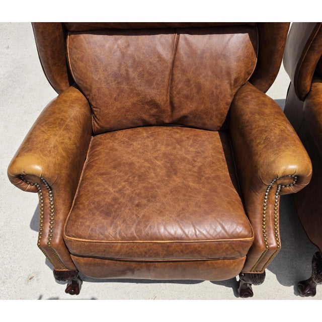 Animal Skin Vintage Motioncraft Chippendale Leather Wingback Recliners Ball & Claw Pair For Sale - Image 7 of 16