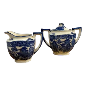 Art Deco Blue Willow Transferware Sugar and Creamer Set, 2 Pieces