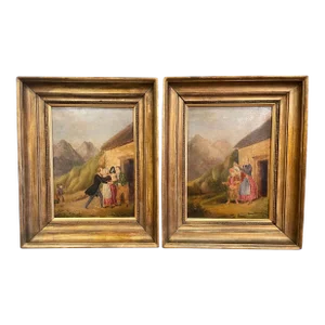 Pair of 19th Century French Pastoral Oil on Board Paintings in Gilt Frames