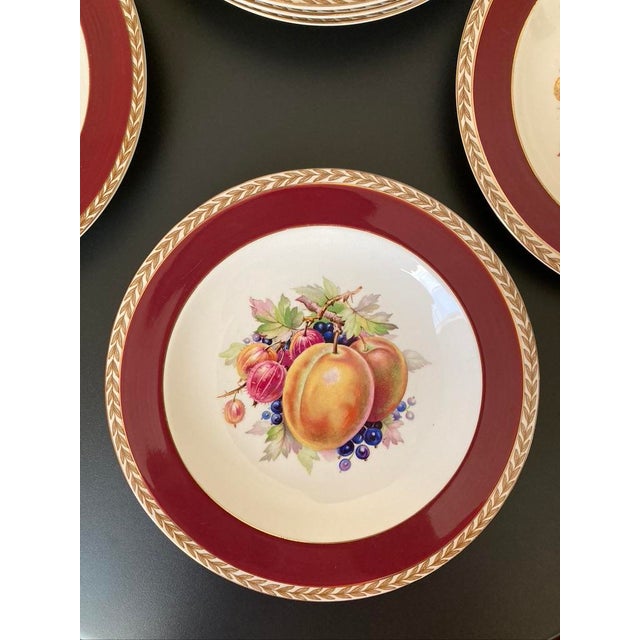 A very beautiful English Crown Ducal porcelain set of six (6) plates with fruit design, early 20th century, England. Fruit...