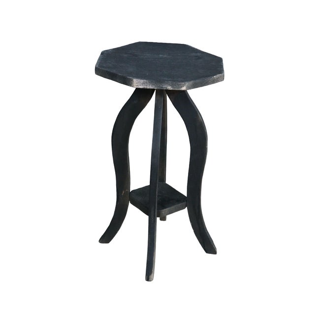 Rustic Vintage Arts & Crafts Oak Black Octagonal Plant Stand Pedestal Table 25" For Sale - Image 3 of 16