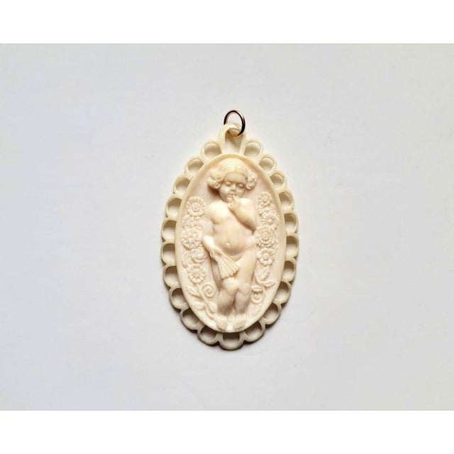 Ivory Rare Victorian Dieppe Carved Ivory Cameo Pendant, Angel With Flowers, French Antique, Circa 1840–1850 For Sale - Image 8 of 8