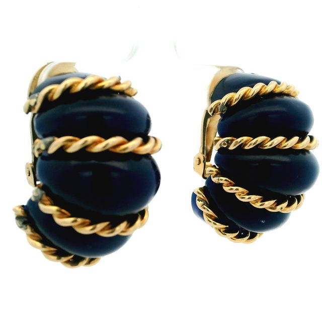 1960 Estate Blue Agate & 14k Gold Ribbed Earrings For Sale - Image 13 of 14