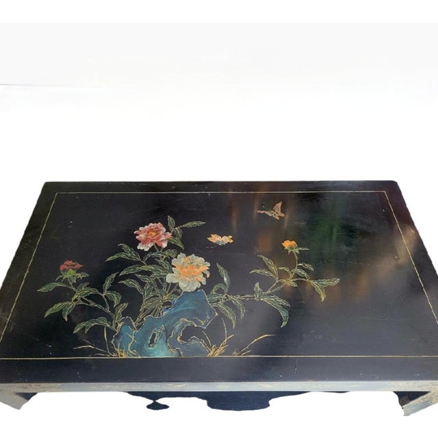 Vintage Chinoiserie Black Lacquered Large 4 Door Soapstone Decorative Storage Cabinet For Sale - Image 11 of 18