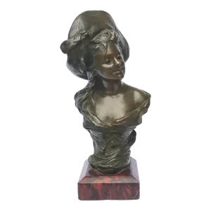 Antique French Art Nouveau Bronze Portrait of a Woman in a Hat by Georges Van Der Straiten