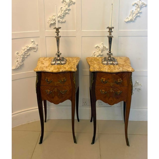 Antique French Kingwood Marquetry Marble Top Nightstands, 1920, Set of 2 For Sale - Image 3 of 18