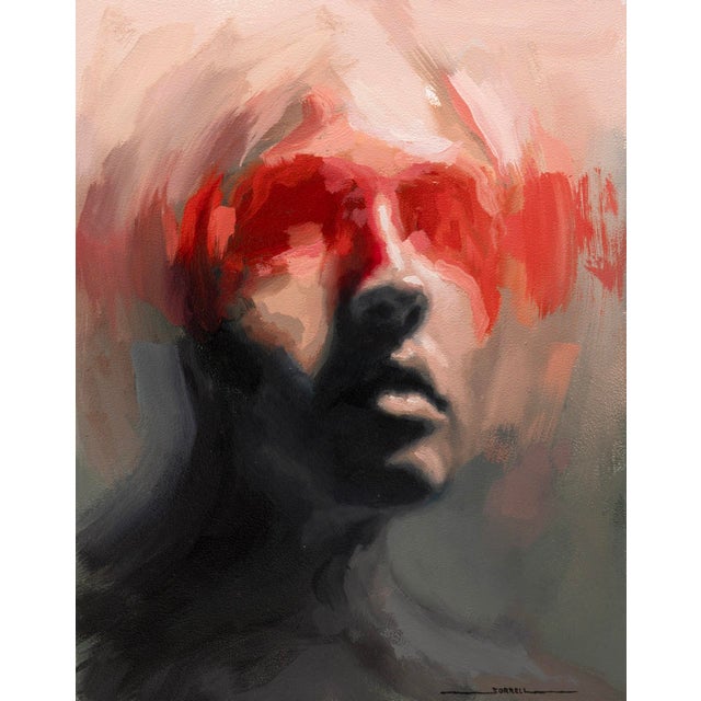 Cipher by Josh Sorrell | Oil on Panel Portrait of a face with abstract red elements. For Sale