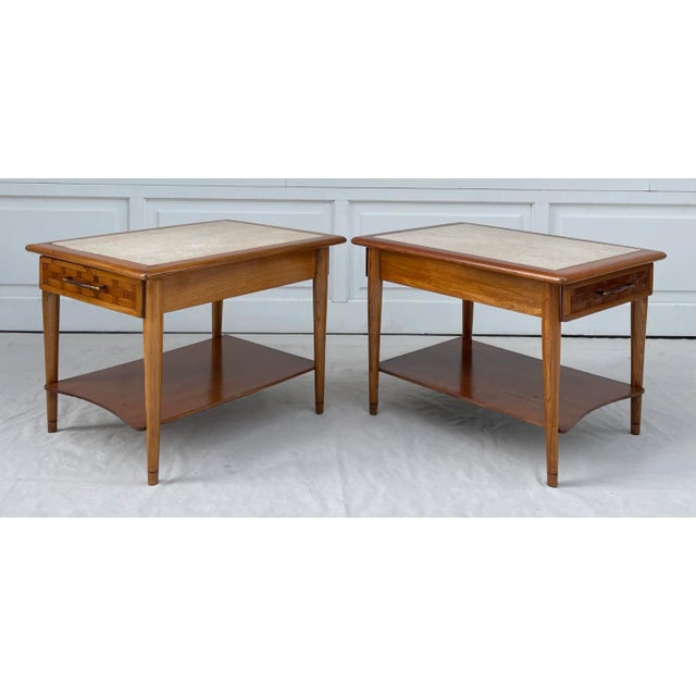 Pair of Lane Perception Weave Design and Travertine Side Table Nightstands For Sale - Image 11 of 13