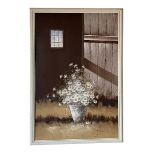 1970's Vintage Thomas Still Life Oil Painting of Daisies, Framed