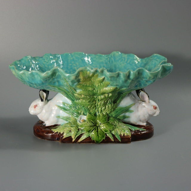 19th Century Minton Majolica Rabbits and Leaves Compote Bowl For Sale - Image 5 of 14