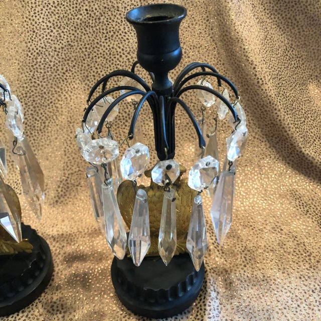 Mid 19th Century French Empire Metal Marble and Gilt Ormolu Eagle Crystal Luster Candle Holders - a Pair For Sale - Image 11 of 12