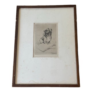 Vintage Framed and Signed Monochrome Etching of Pekingese Dog Seated on Cushion For Sale