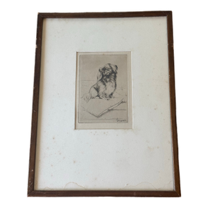 Vintage Framed and Signed Monochrome Etching of Pekingese Dog Seated on Cushion