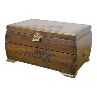 Late 20th Century Japanese Camphorwood Brass Okinawa Pagoda Jewelry Chest Box 17" For Sale