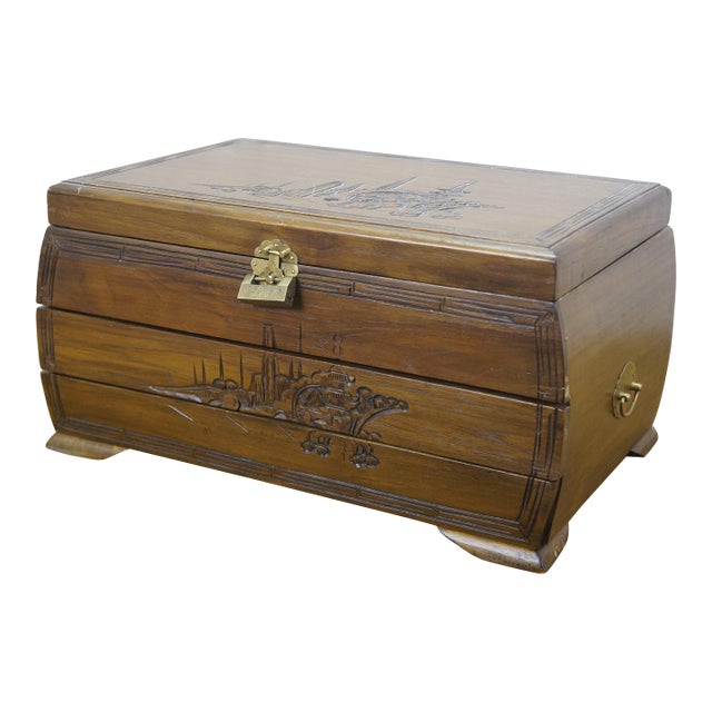 Late 20th Century Japanese Camphorwood Brass Okinawa Pagoda Jewelry Chest Box 17" For Sale