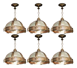 Set of Six Late 19th Century Oversized French Bronze Pendants W/ Stained Glass & Amber Trim
