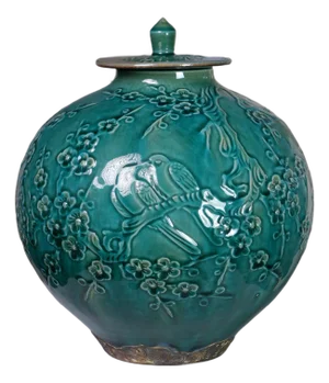 Hand-Carved Lidded Vase in Emerald Celadon With Bird & Blossom Relief by Pottery 12,