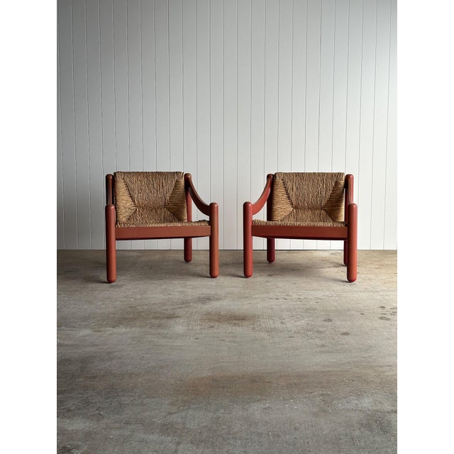 Pair of Vintage Red Lacquered Rush Lounge Chairs, Attributed to Vico Magistretti For Sale - Image 16 of 18