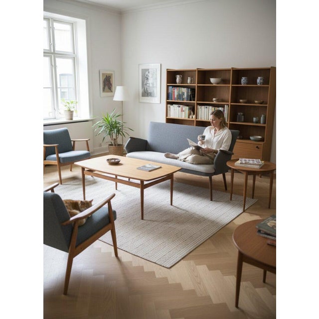 A wonderful Danish sofa group with a pretty three-seater sofa and a pair of armchairs. The whole group is newly dressed in...