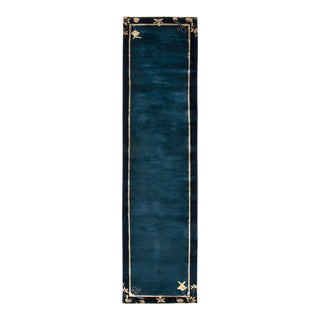 Vintage Chinese Deco Style Runner in Deep Blue, Beige Floral Border Pattern For Sale