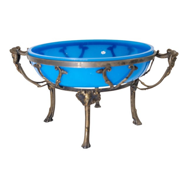 Early 20th Century French Blue Opaline Glass and Silverplate Tazza Bowl For Sale