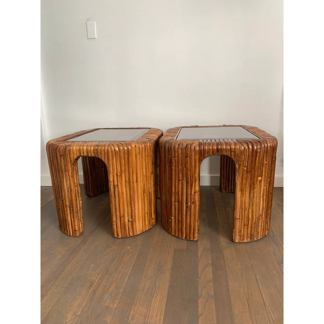 Boho Chic Late 20th Century Split Reed Bamboo Rattan Smoked Glass Waterfall Side Tables - a Pair For Sale - Image 3 of 13