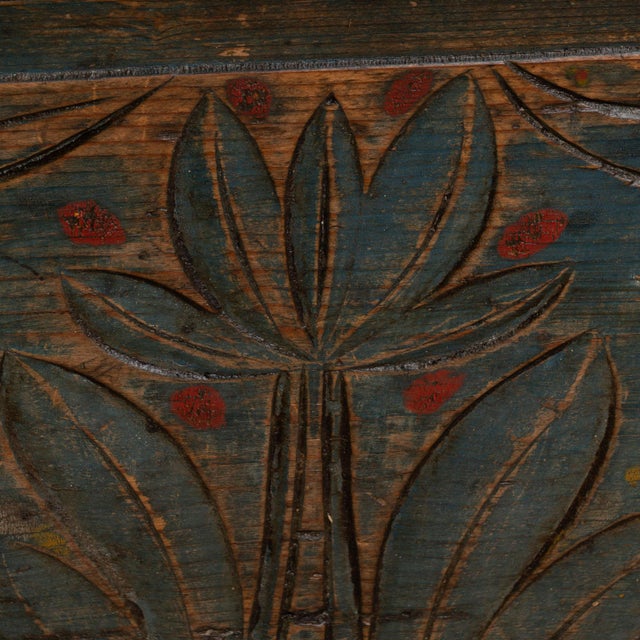 19th Century Blue Painted Carved Flat Top Trunk With Drawer From Hungary For Sale - Image 11 of 14